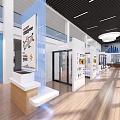 Modern Exhibition Hall Interior With Gray Door White Display Shelves Red Items And Blue Boards
