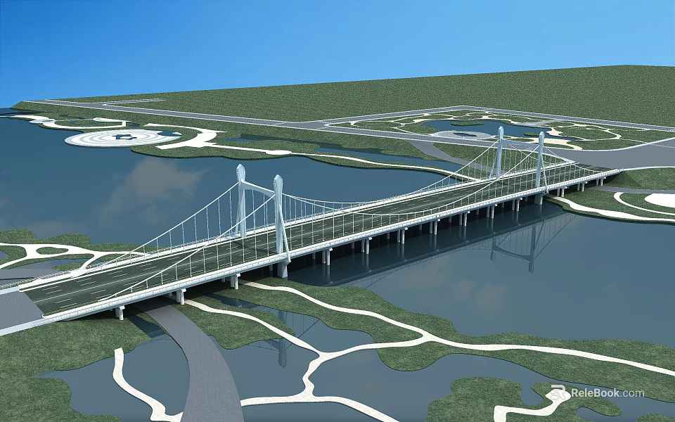 Modern Cable Stayed Bridge Over Water With Green Landscape And Blue Sky 3d model 