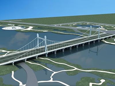 Modern Cable Stayed Bridge Over Water With Green Landscape And Blue Sky 3d model