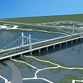 Modern Cable Stayed Bridge Over Water With Green Landscape And Blue Sky 3d model