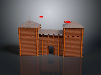 Scenic Landscape with Wooden Fortress Two Towers Red Flags and Gray Background Reflection 3d model