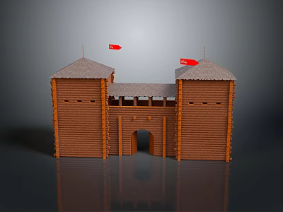 Scenic Landscape with Wooden Fortress Two Towers Red Flags and Gray Background Reflection 3d model