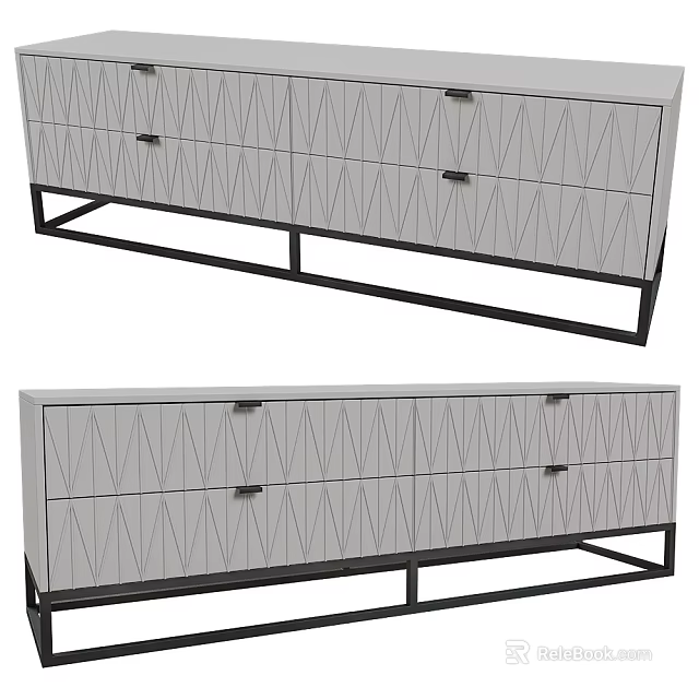 Modern TV Stand With Geometric Pattern Drawers And Black Metal Frame 3d model 