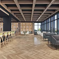 Cozy Cafe With Wooden Ceiling Herringbone Floor Bookshelves Numerous Books Tables Chairs And Sofas