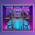 Fashion District Window Display With Neon Lights Statue of Liberty Palm Trees Blue Lit Background