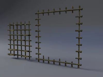 Wooden Fence With Different Styles Square Grid And Frame Structure Decorative Top Spikes 3d model