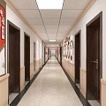 Elevator Corridor Interior With Circular Wall Decor Red Accents And Tile Flooring 3d model