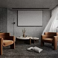 Modern Living Room Interior With Gray Walls Brown Armchairs Round Coffee Table And White Curtains