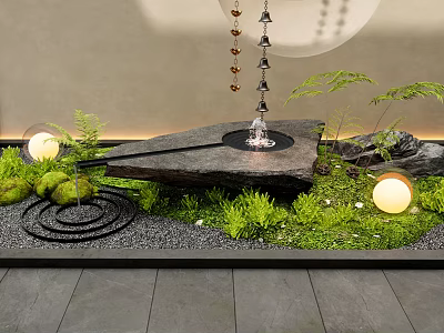 Tranquil Courtyard Garden Design With Stone Lantern Moss Round Lanterns Ferns And Pebbles 3d model