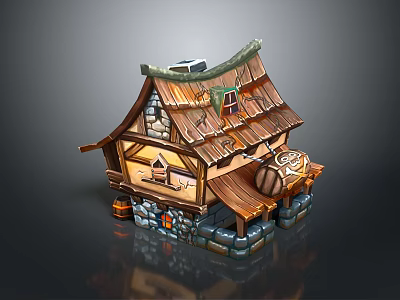 Cartoon Style Cottage With Wooden Roof Stone Base Porch And Barrel Decor 3d model