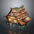 Cartoon Style Cottage With Wooden Roof Stone Base Porch And Barrel Decor