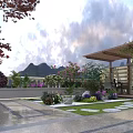 Beautiful Courtyard Garden With Wooden Pergola Climbing Vines Colorful Flowers Green Lawn And Stone Path