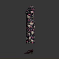 Short Sleeved Dark Dress With Pink White Floral Pattern And Brown Shoes For Daily Use