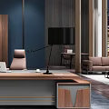 Modern Office Interior With Wooden Desk Leather Chair Bookshelf Sofa And Dark Blue Walls