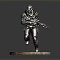 Game Movie Character in Tactical Armor Holding Assault Rifle Dynamic Combat Stance on Base Stand