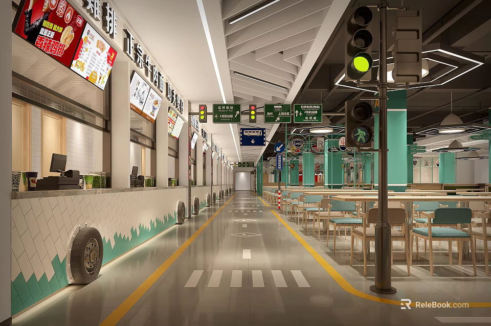 Modern Food Court Interior With Traffic Signs Tables Chairs And Tire Decorations 3d model 