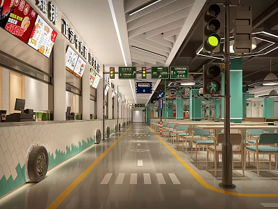 Modern Food Court Interior With Traffic Signs Tables Chairs And Tire Decorations 3d model