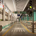 Modern Food Court Interior With Traffic Signs Tables Chairs And Tire Decorations