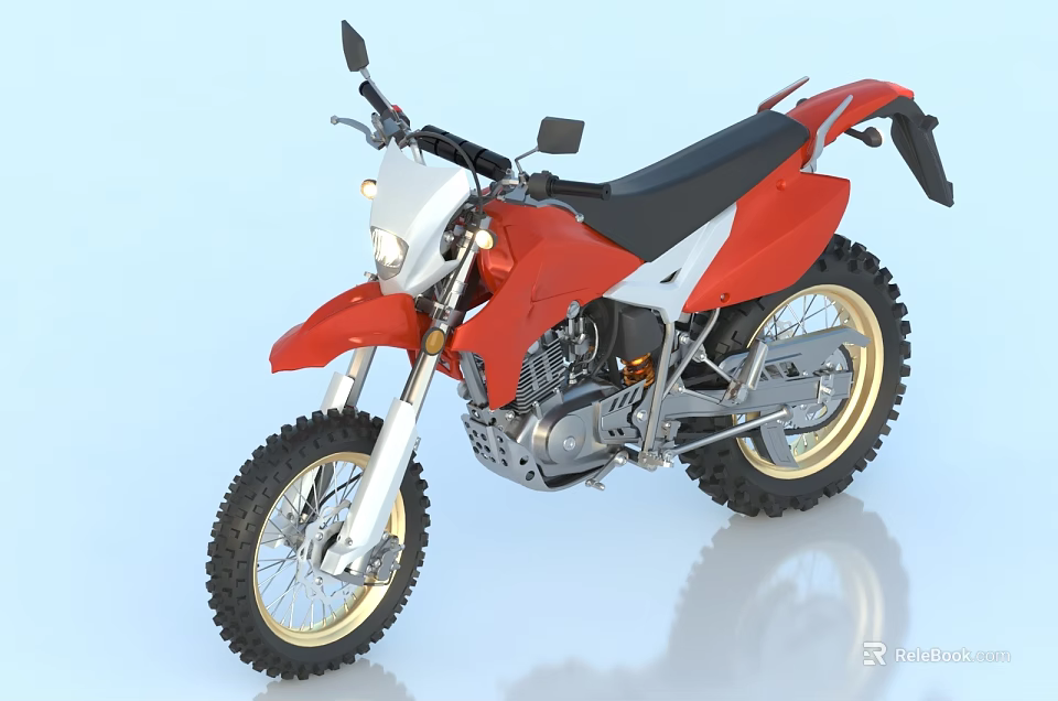 Red And White Motorcycle With Black Seat Off Road Tires And Sporty Design 3d model 