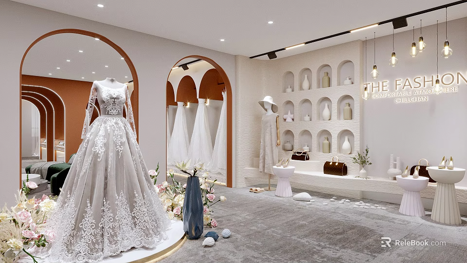 Elegant Bridal Clothing Store with White Lace Wedding Dresses Arched Doorways and Display Shelves 3d model 
