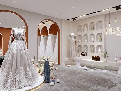 Elegant Bridal Clothing Store with White Lace Wedding Dresses Arched Doorways and Display Shelves 3d model