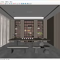 Modern Tea Room Interior With Wooden Bookshelves Tea Sets And Green Plant