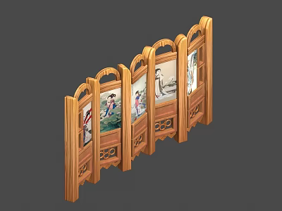 Traditional Wooden Folding Screen With Decorative Figure Paintings On Panels 3d model