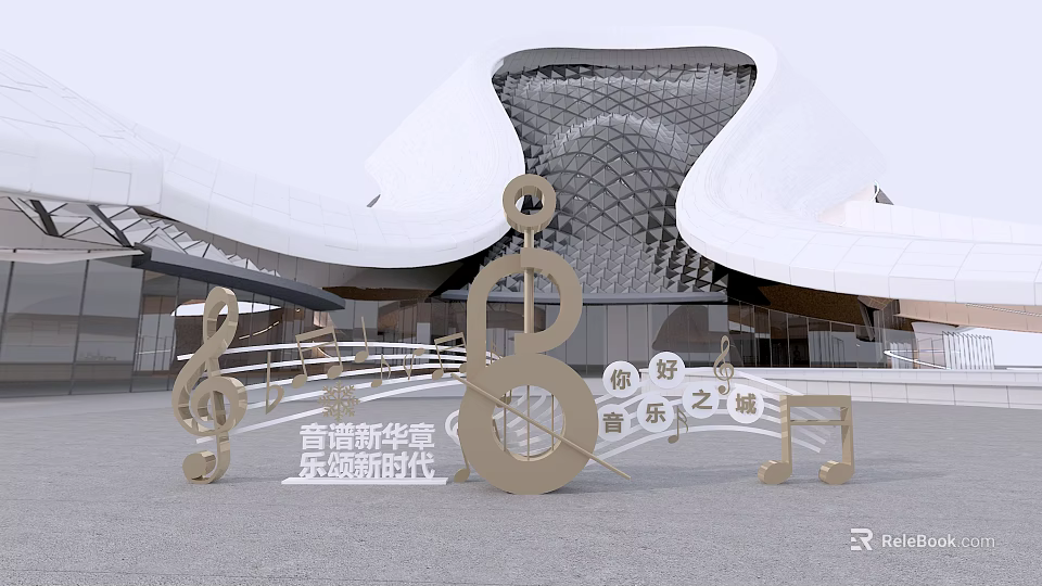 Musical Notes And Violin Sculpture With Modern Architectural Public Art 3d model 