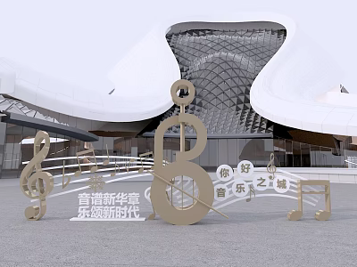 Musical Notes And Violin Sculpture With Modern Architectural Public Art 3d model