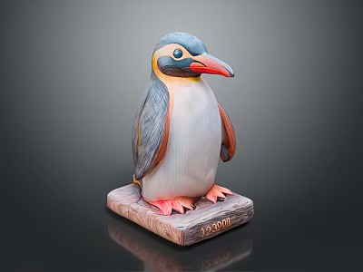 Decorative Penguin Statue With Colorful Feathers Standing On Wooden Base With Engraved PENGUIN Text 3d model