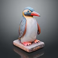 Decorative Penguin Statue With Colorful Feathers Standing On Wooden Base With Engraved PENGUIN Text