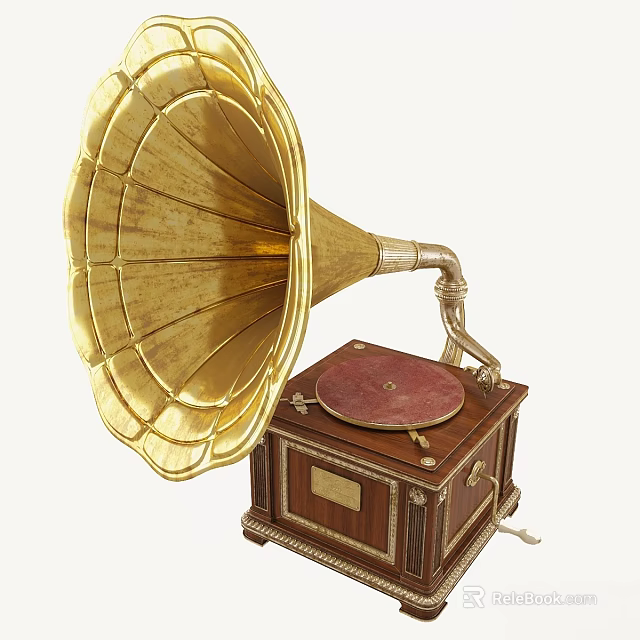 Vintage Gramophone with Golden Horn Shaped Brass Horn and Wooden Turntable Base 3d model 