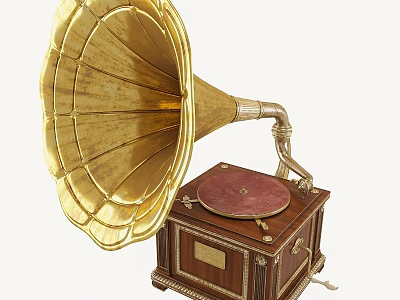 Vintage Gramophone with Golden Horn Shaped Brass Horn and Wooden Turntable Base 3d model