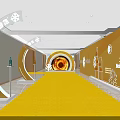 Spacious Corridor Featuring Yellow Carpet Curved Decorative Structures Wall Displays And Mannequins
