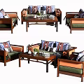 Wooden Frame Sofa And Coffee Table Set With Green Cushions Geometric Pattern Pillows 3d model