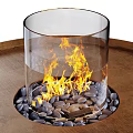 Modern Round Wooden Base Fireplace with Transparent Glass Enclosure Flames and Pebbles