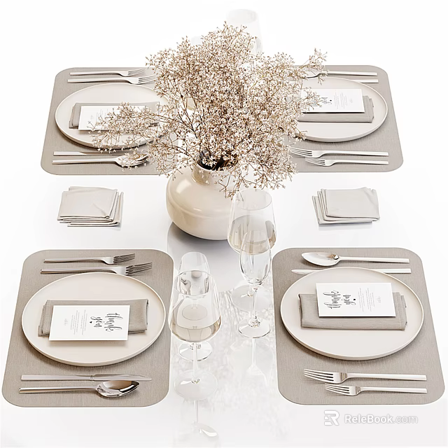 Elegant White Tableware Set With Plates Cutlery Wine Glasses Napkins And Gray Placemats 3d model 