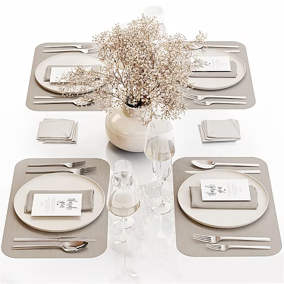 Elegant White Tableware Set With Plates Cutlery Wine Glasses Napkins And Gray Placemats 3d model