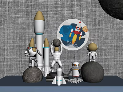 Space Themed Decorative Ornament Set Featuring Rocket Models Astronaut Figurines And Moon Decor 3d model