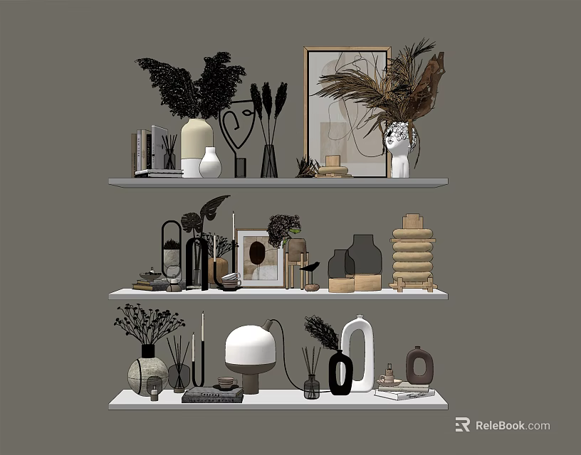 Modern Decorative Ornament Sets With Vases Plants Frames On White Shelves 3d model