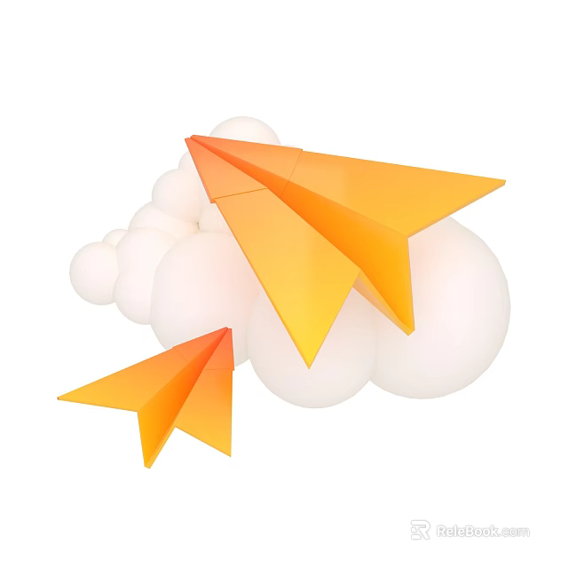 Orange Paper Planes Flying Over White Clouds Decorative Design Art 3d model 