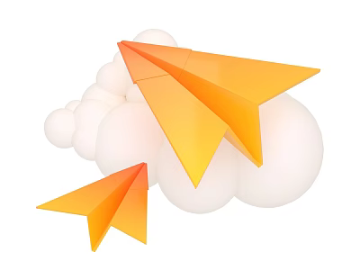 Orange Paper Planes Flying Over White Clouds Decorative Design Art 3d model