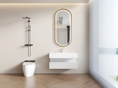 Modern Bathroom Interior With Oval Mirror Wall Mounted Sink Toilet And Herringbone Wooden Floor 3d model