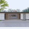 Modern Curved Pergola Design With Wooden Grille Roof Marble Walls And Water Feature