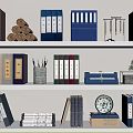 Colorful Books and Magazines on White Shelves with Decorative Scrolls Potted Plant and Pen Holder