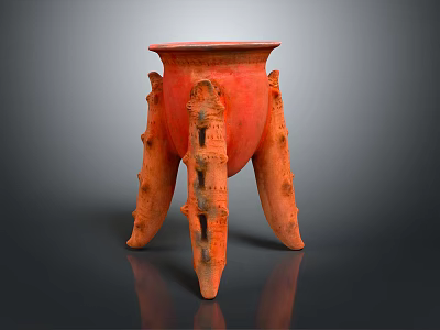 Red Three Legged Ceramic Vessel as Daily Household Item With Intricate Carvings And Traditional Design 3d model