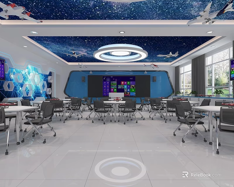 School Tech Classroom with Starry Ceiling Airplane Models Blue Walls and Large Screen 3d model 