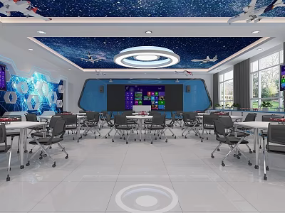 School Tech Classroom with Starry Ceiling Airplane Models Blue Walls and Large Screen 3d model