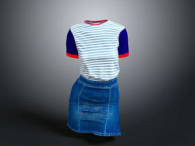 Blue And White Striped Top With Dark Blue Sleeves Red Trim And Blue Denim Skirt 3d model