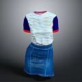 Blue And White Striped Top With Dark Blue Sleeves Red Trim And Blue Denim Skirt